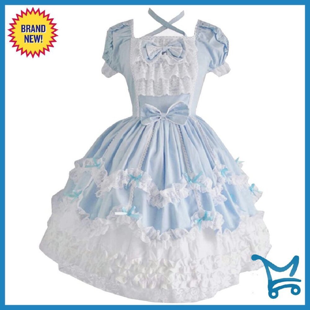 Lolita Dress Cotton Lace Princess Cosplay Costume Puff Sleeves Square Collar